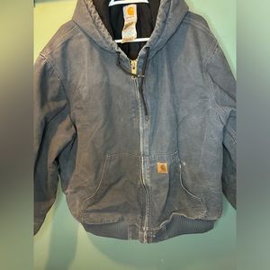 Vintage Carhartt Quilted Storm Blue Denim Hooded Jacket Distressed Faded